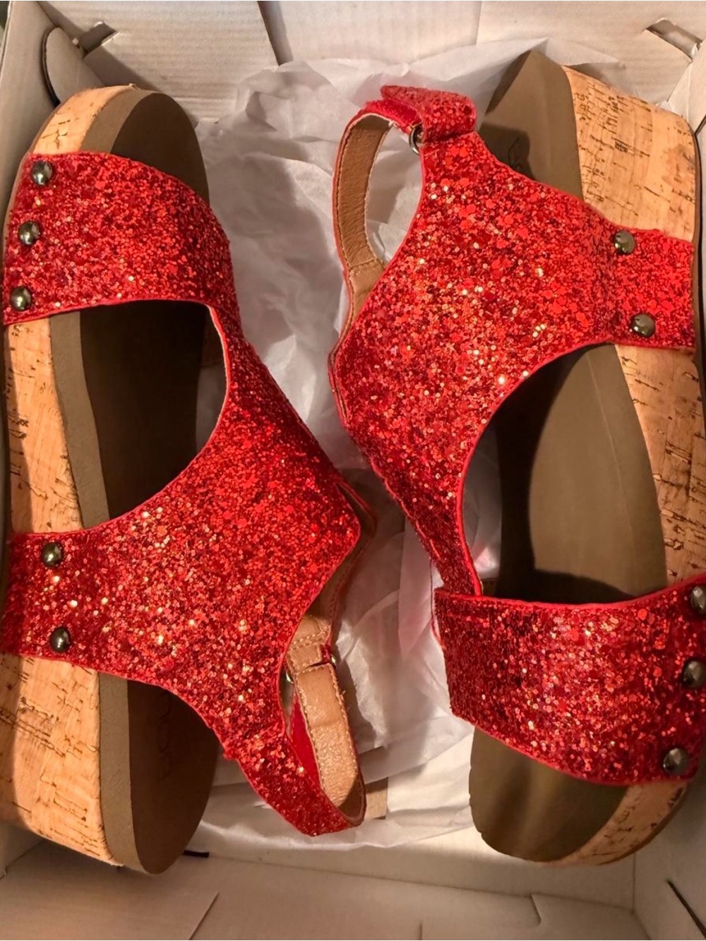 Boutique by Corkys - sz8- Carley Studded Glitter Wedge/Sandal-Red Glitter EUC